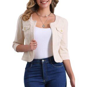 Women's Jean Jacket Slim Fit Casual Denim Jacket 3/4 Sleeves Outwear Cream